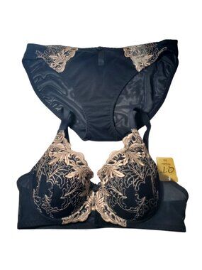 Q T Intimates Bra & Pant Set – Black with Gold Embroidery Lace Overlay NEW